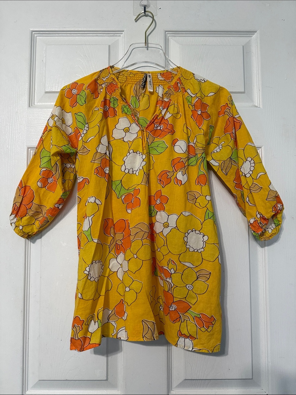 Pink Chicken Yellow Floral Print Split Neck
Tunic Blouse Peasant Top Size XS